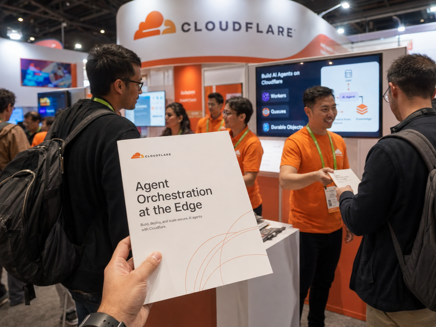 A Cloudflare booth at an AI developer event handing out an agent orchestration magazine